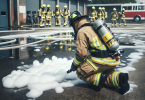 Firefighter in full gear with AFFF foam visible on the ground at a training facility, with text overlay about PFAS contamination
