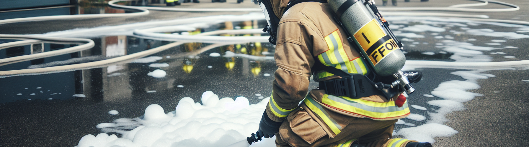 Firefighter in full gear with AFFF foam visible on the ground at a training facility, with text overlay about PFAS contamination