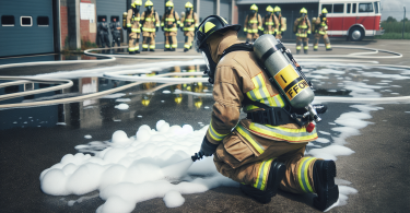 Firefighter in full gear with AFFF foam visible on the ground at a training facility, with text overlay about PFAS contamination