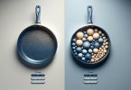 Side-by-side comparison of a PTFE-coated pan and a ceramic-coated pan with labels