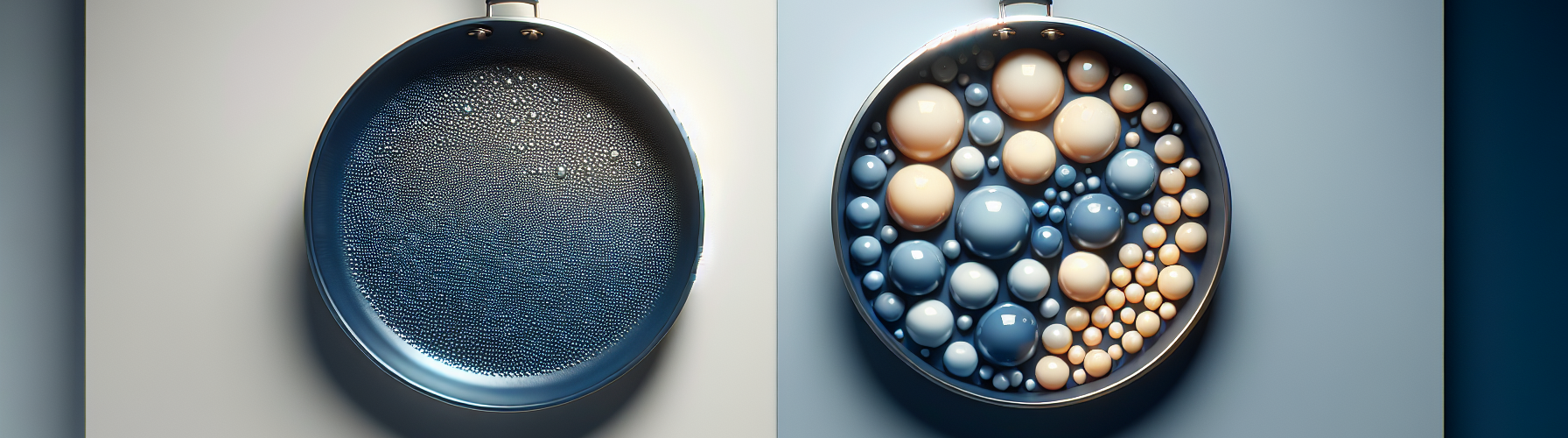 Side-by-side comparison of a PTFE-coated pan and a ceramic-coated pan with labels