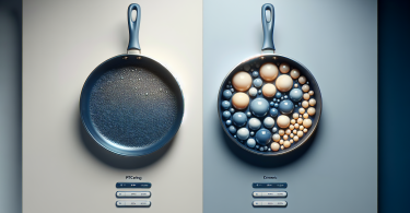 Side-by-side comparison of a PTFE-coated pan and a ceramic-coated pan with labels