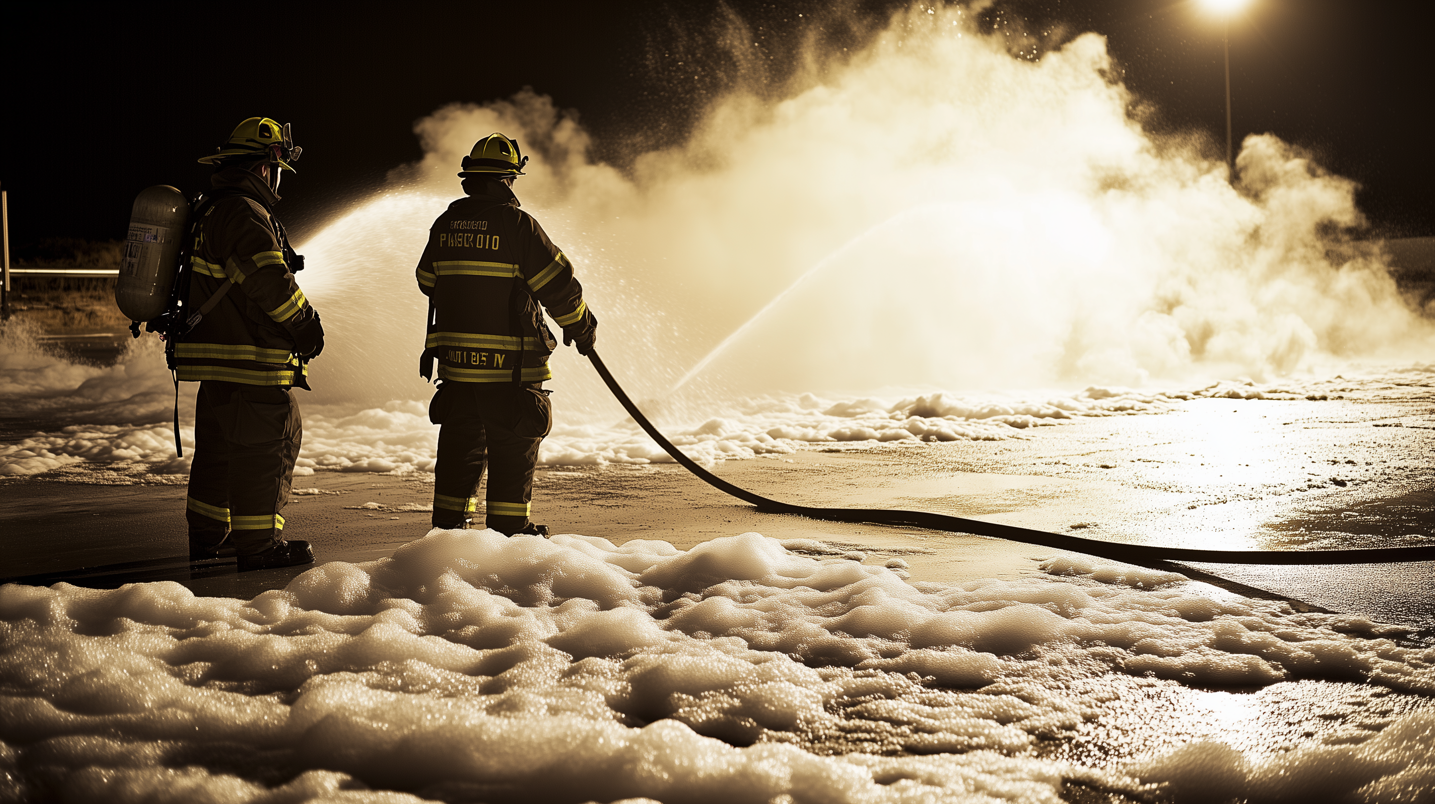 Firefighter in full gear with AFFF foam visible on the ground at a training facility, with text overlay about PFAS contamination