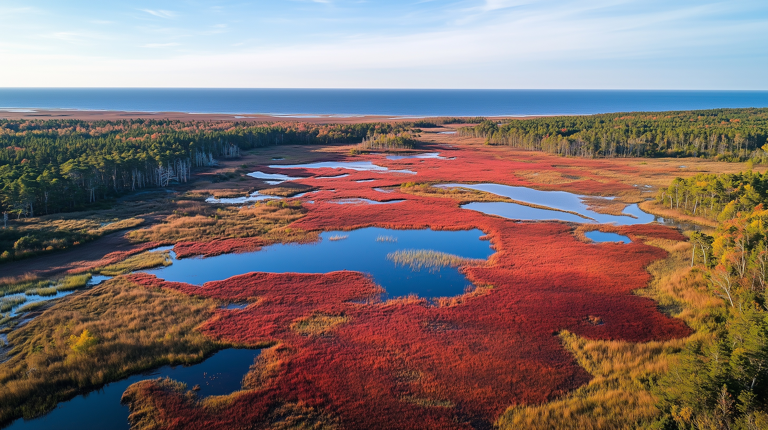 Aerial view of Cape Cod with cranberry bogs